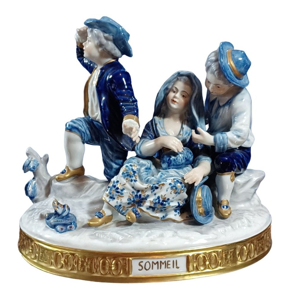 Volkstedt Sommeil Baroque Traveler Figurine Group Sculpture Cobalt Blue Gold Vtg - Picture 3 of 15